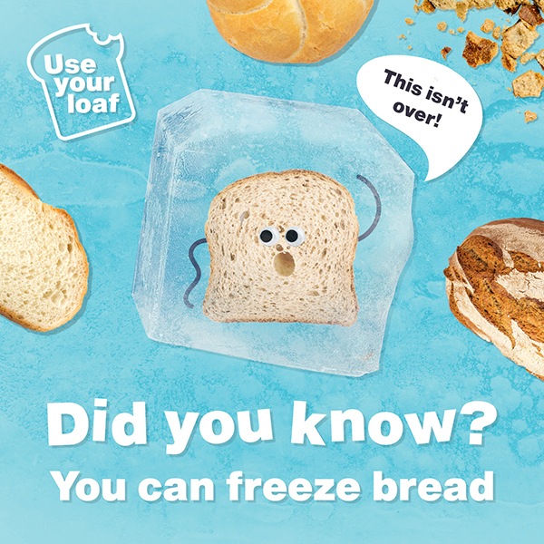 A slice of bread incased in an ice cube. It's got googly eyes and thin wavy arms. A speech bubble above it says "This isn't over". The text below says "Did you know? You can freeze bread"